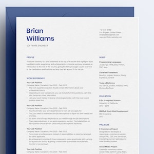 May include: A resume for Brian Williams, a software engineer. The resume includes a profile, work experience, skills, education, and projects. The resume is formatted with a clean and modern design.