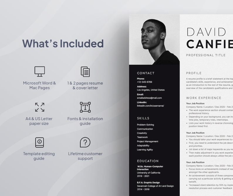 May include: A black and white resume template with a photo of a man. The resume includes sections for contact information, skills, education, and work experience. The template is designed for Microsoft Word and Mac Pages, with A4 and US Letter paper size options.