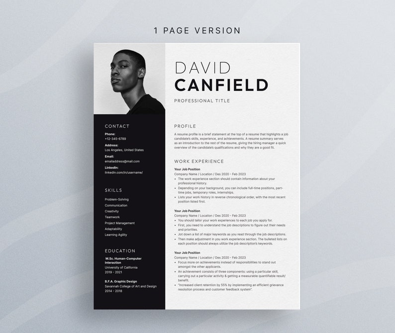 May include: A black and white resume template featuring a professional headshot of a man. The resume includes contact information, skills, education, and work experience. The text "DAVID CANFIELD" is at the top of the page.
