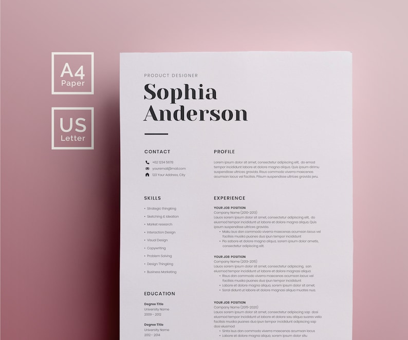 Może przedstawiać: Curriculum vitae Sophii Anderson, projektantki produkt&oacute;w. CV zawiera dane kontaktowe, umiejętności, doświadczenie i wykształcenie. CV jest sformatowane w nowoczesnym, minimalistycznym stylu.