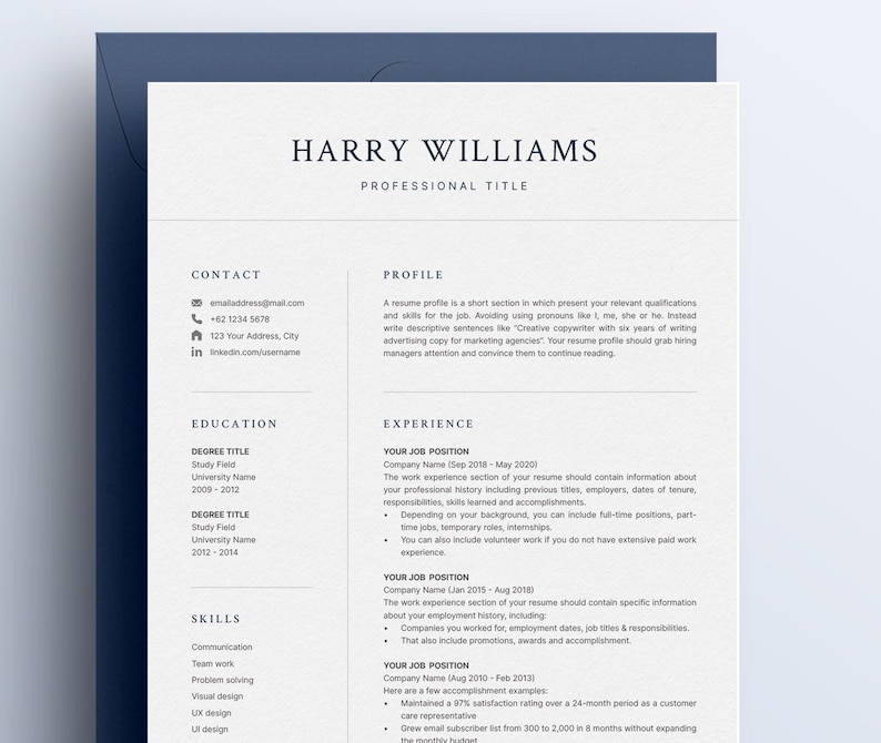 May include: A resume template with a blue header and white text. The resume includes sections for contact information, profile, education, skills, and experience. The text in the resume includes the name "Harry Williams" and the professional title.