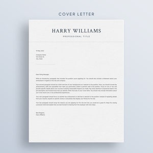 May include: A cover letter template with the heading "COVER LETTER" and the name "HARRY WILLIAMS" in bold, followed by the text "PROFESSIONAL TITLE". The letter is addressed to "Dear Hiring Manager" and includes a sample paragraph about writing a cover letter.