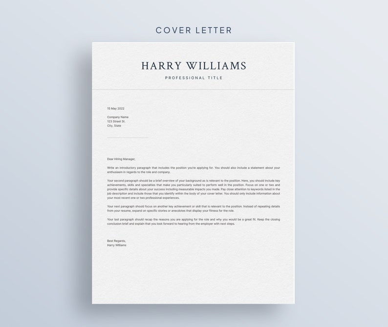 May include: A cover letter template with the heading "COVER LETTER" and the name "HARRY WILLIAMS" in bold, followed by the text "PROFESSIONAL TITLE". The letter is addressed to "Dear Hiring Manager" and includes a sample paragraph about writing a cover letter.