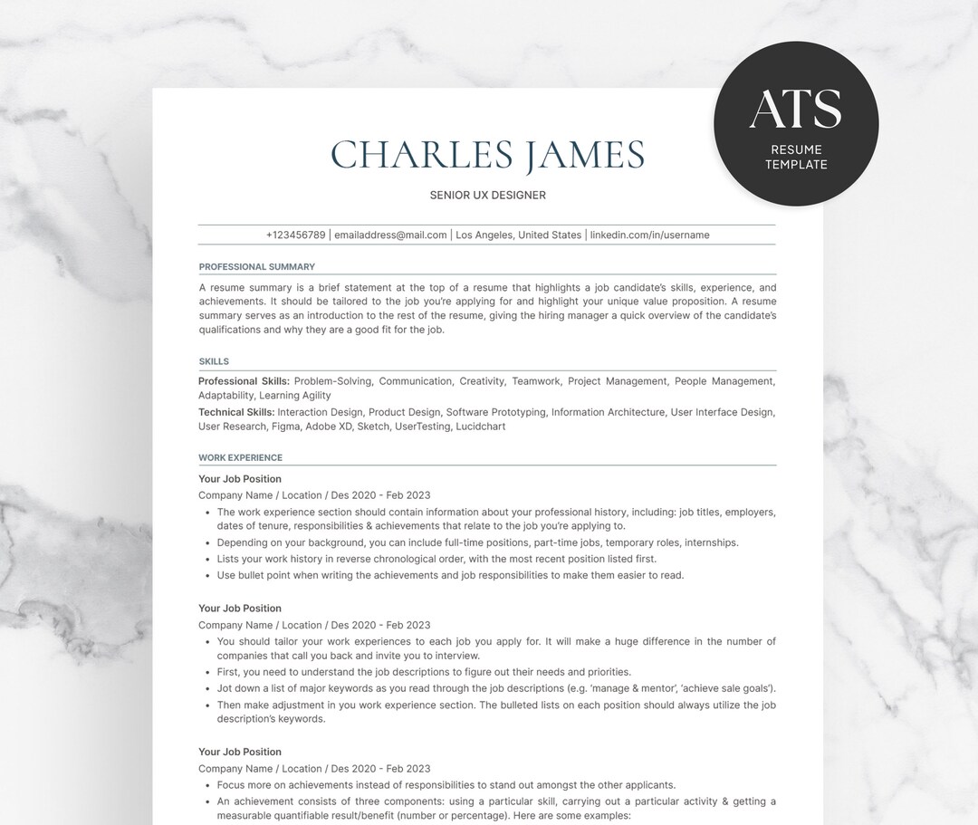 ATS Resume Template for Microsoft Word, Mac Pages & Google Docs With