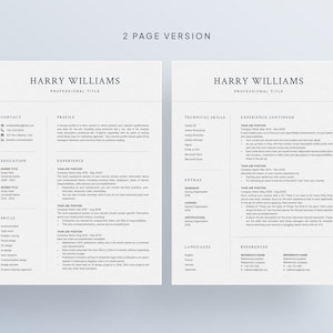 May include: A two-page resume template with a professional design. The resume is for Harry Williams, who is a professional with a professional title. The resume includes contact information, education, experience, skills, technical skills, extras, languages, and references.