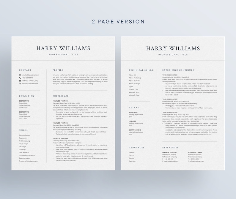 May include: A two-page resume template with a professional design. The resume is for Harry Williams, who is a professional with a professional title. The resume includes contact information, education, experience, skills, technical skills, extras, languages, and references.