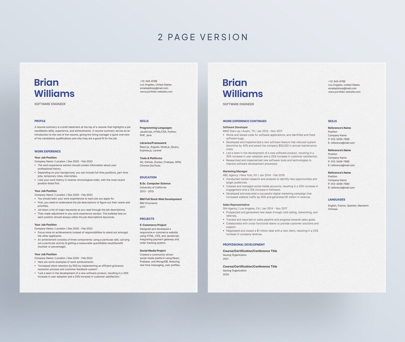 Modern Resume Template for Microsoft Word & Mac Pages With Cover Letter ...