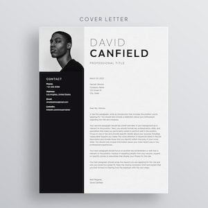 May include: A black and white cover letter template with a headshot of a person on the left side. The text includes the name "David Canfield" and contact information. The document is designed for professional use.
