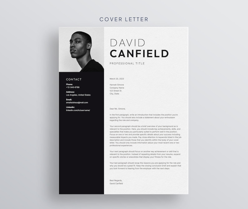 May include: A black and white cover letter template with a headshot of a person on the left side. The text includes the name "David Canfield" and contact information. The document is designed for professional use.