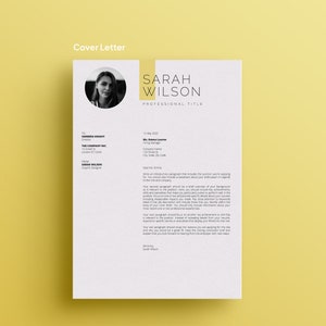 May include: A cover letter template with a yellow header and a woman's headshot in the upper left corner. The header reads "SARAH WILSON PROFESSIONAL TITLE". The cover letter is addressed to "EMMA KNIGHT" and is dated "13 May 2020".
