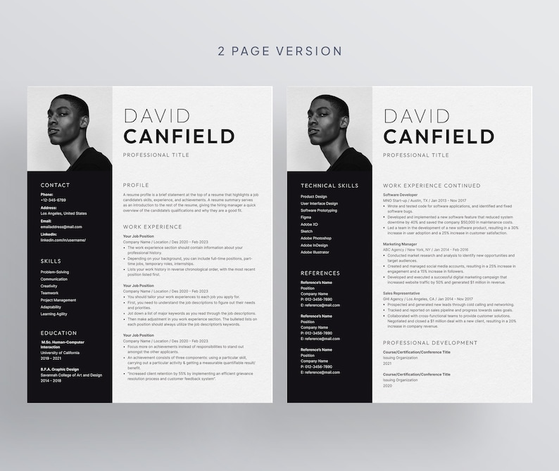 May include: A two-page resume template with a black and white design. The resume includes sections for contact information, skills, work experience, and education. The name "DAVID CANFIELD" is prominently displayed at the top.