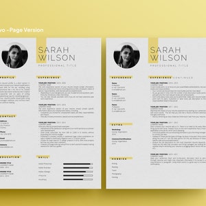 May include: A two-page resume template with a yellow and white color scheme. The resume includes a profile, experience, skills, education, hobbies, and references sections. The resume is for Sarah Wilson, who is an expert in e-commerce SEO specialized in Etsy listings.