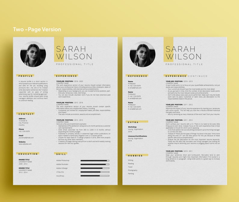 May include: A two-page resume template with a yellow and white color scheme. The resume includes a profile, experience, skills, education, hobbies, and references sections. The resume is for Sarah Wilson, who is an expert in e-commerce SEO specialized in Etsy listings.