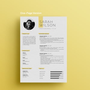 May include: A one-page resume template with a yellow background. The resume is for Sarah Wilson, who is a professional in the field of e-commerce SEO. The resume includes sections for profile, contact, education, experience, and skills. The resume is designed to be visually appealing and easy to read.