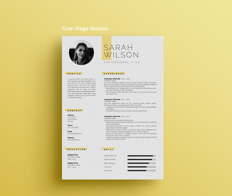 May include: A one-page resume template with a yellow background. The resume is for Sarah Wilson, who is a professional in the field of e-commerce SEO. The resume includes sections for profile, contact, education, experience, and skills. The resume is designed to be visually appealing and easy to read.