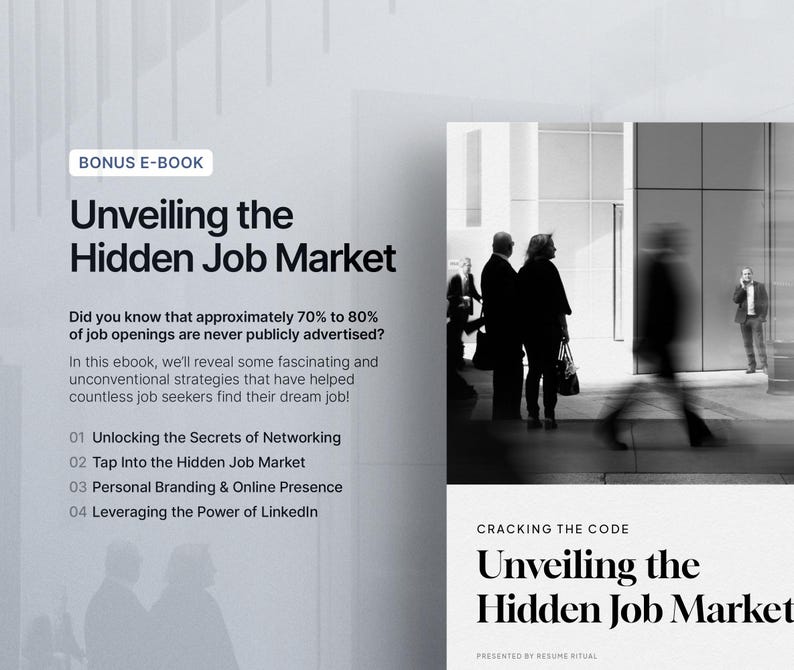 May include: A black and white image of a city street with people walking. The text "Unveiling the Hidden Job Market" is displayed in large, bold letters at the bottom of the image.