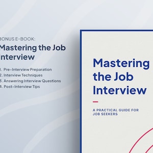 May include: A blue and white ebook cover with the title "Mastering the Job Interview: A Practical Guide for Job Seekers". The cover features a red and white abstract design.