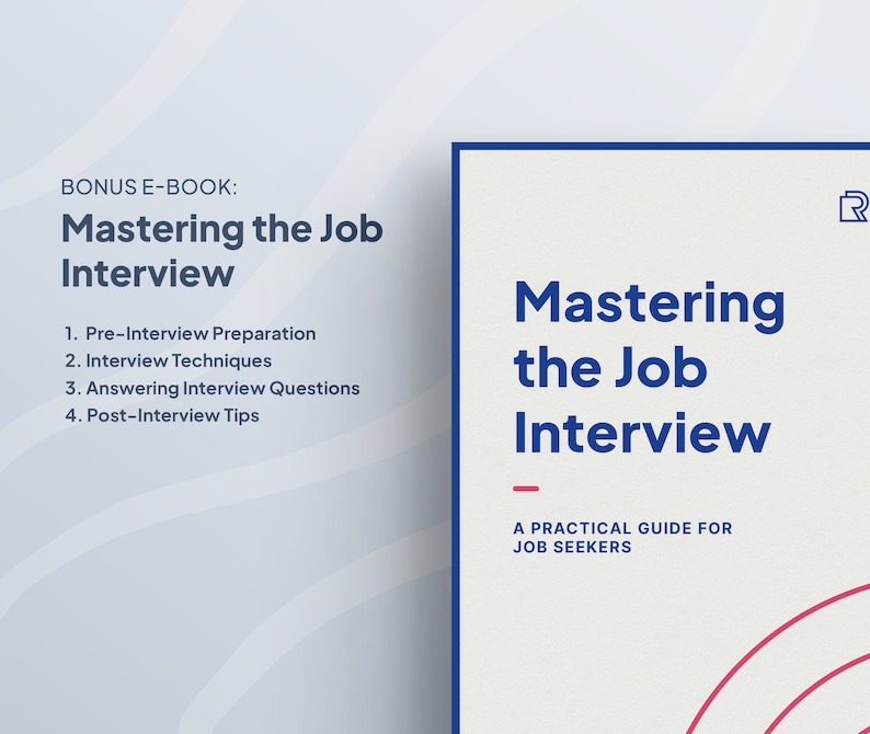 May include: A blue and white ebook cover with the title "Mastering the Job Interview: A Practical Guide for Job Seekers". The cover features a red and white abstract design.