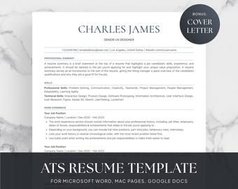ATS Resume Template for Microsoft Word, Mac Pages & Google Docs with Cover Letter | ATS Friendly Resume Template | Clean Modern Resume