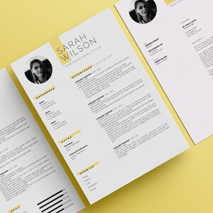 May include: A black and white resume template with a yellow accent color. The resume is for Sarah Wilson and includes her professional experience, skills, hobbies, and references.