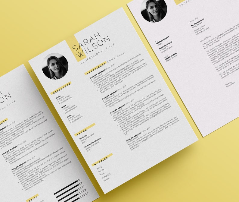 May include: A black and white resume template with a yellow accent color. The resume is for Sarah Wilson and includes her professional experience, skills, hobbies, and references.