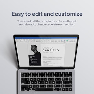 May include: A laptop displaying a resume template with the name "David Canfield" and the text "Easy to edit and customize". The laptop is open on a white surface, with the keyboard visible.