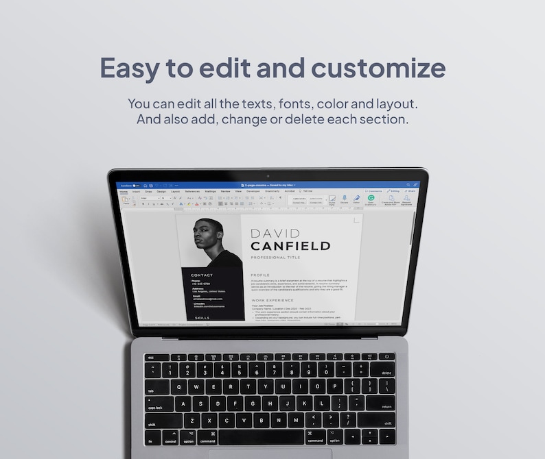 May include: A laptop displaying a resume template with the name "David Canfield" and the text "Easy to edit and customize". The laptop is open on a white surface, with the keyboard visible.