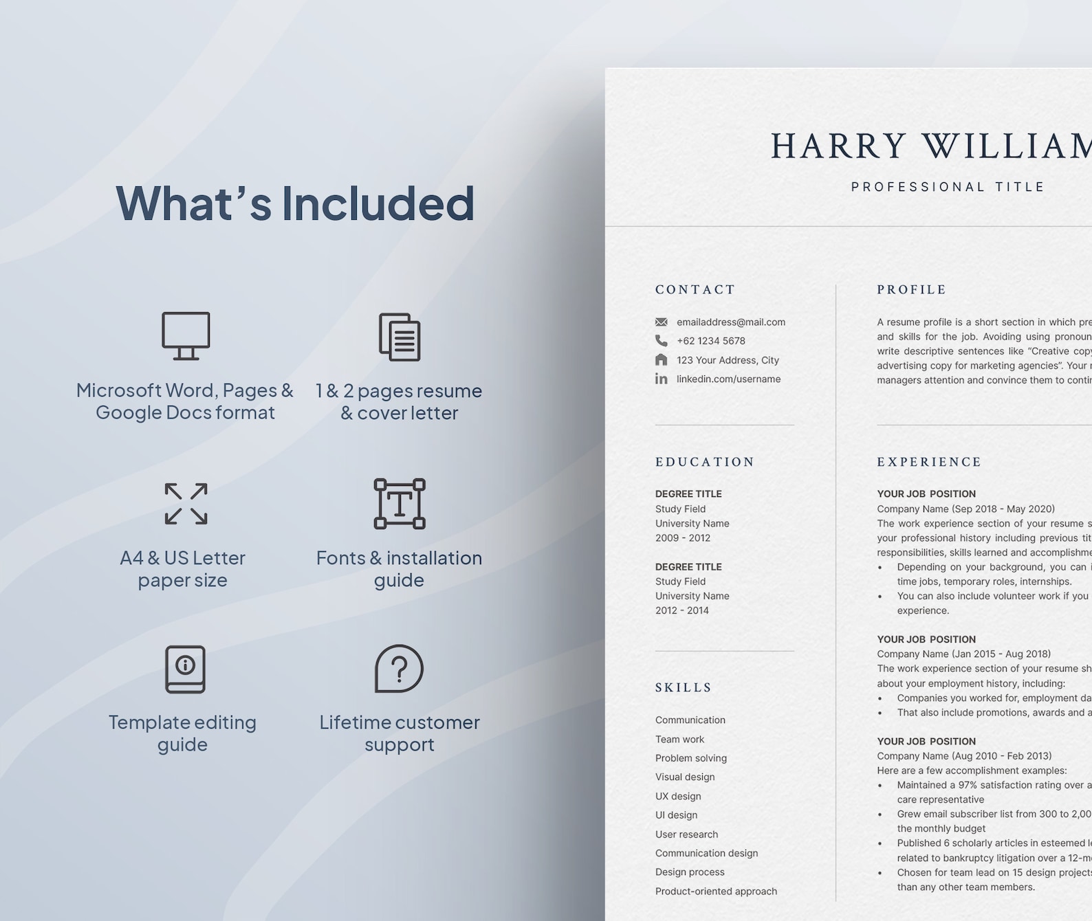 Professional Resume Template for Microsoft Word & Mac Pages With Cover ...