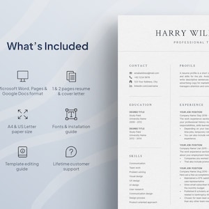 May include: A resume template with a modern design. The template includes a cover letter, contact information, education, skills, and experience sections. The template is available in Microsoft Word, Pages, and Google Docs formats.