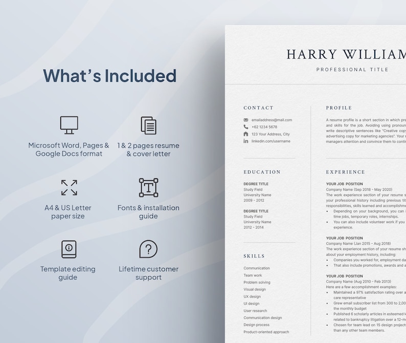May include: A resume template with a modern design. The template includes a cover letter, contact information, education, skills, and experience sections. The template is available in Microsoft Word, Pages, and Google Docs formats.