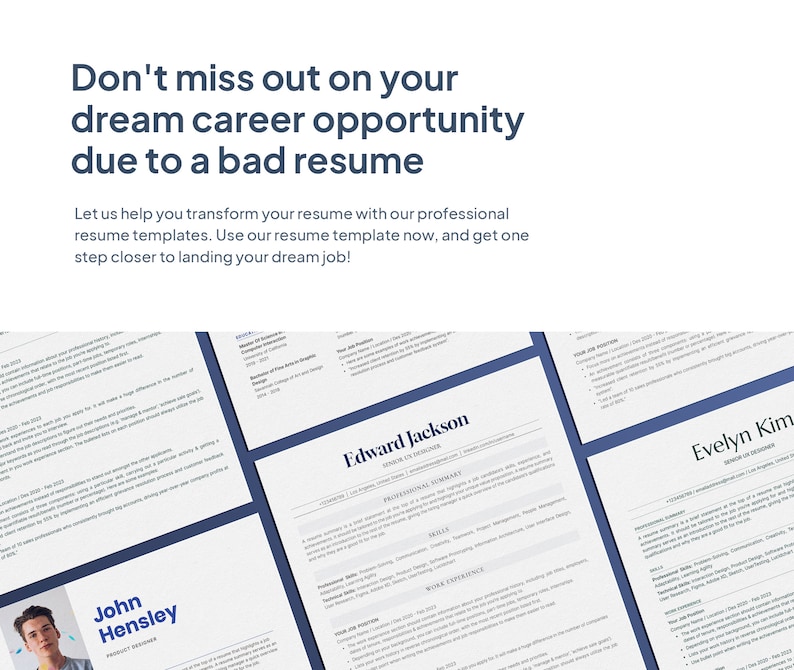 May include: A promotional image with the text "Don't miss out on your dream career opportunity due to a bad resume." The image also includes several resume templates with different layouts and designs, ready to be filled out.