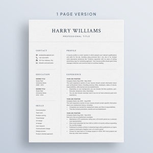 May include: A black and white resume template with the title "1 Page Version" at the top. The resume is for Harry Williams and includes sections for contact information, education, experience, skills, and a profile section.