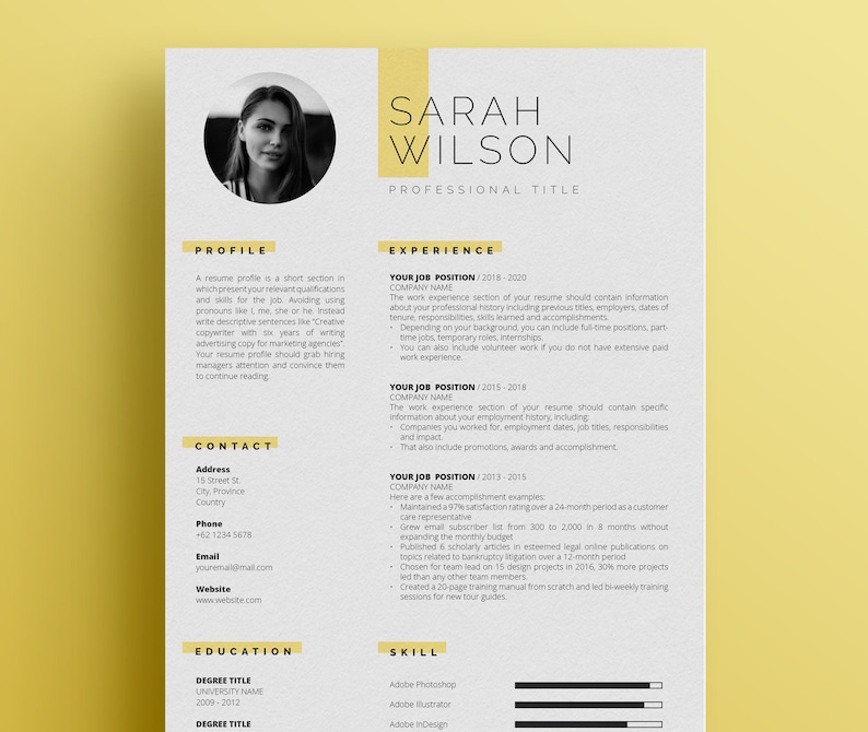 May include: A black and white resume template with a professional headshot of a woman. The resume includes sections for profile, contact information, education, skills, and experience. The text includes the name Sarah Wilson and the title "Professional Title".
