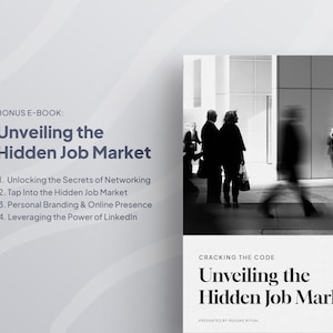 May include: A promotional image for an e-book titled "Unveiling the Hidden Job Market." The cover features the title text and a list of topics: Networking, Hidden Job Market, Personal Branding, and LinkedIn. The background shows blurred figures in a city setting.