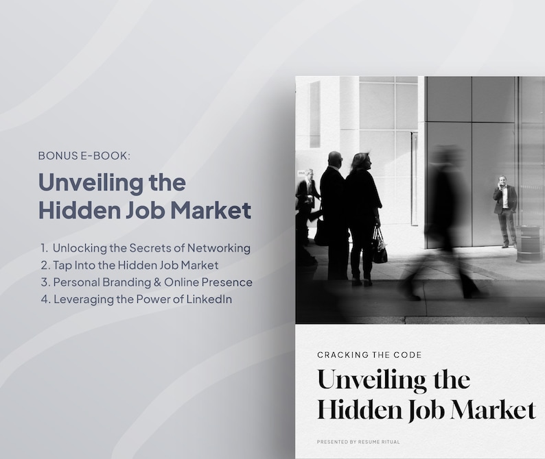 May include: A promotional image for an e-book titled "Unveiling the Hidden Job Market." The cover features the title text and a list of topics: Networking, Hidden Job Market, Personal Branding, and LinkedIn. The background shows blurred figures in a city setting.