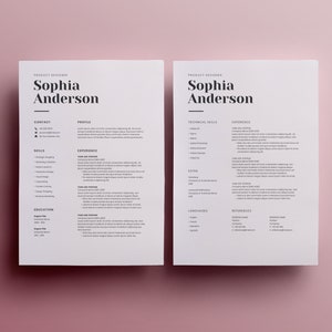 Może przedstawiać: Czarno-biały szablon CV z nazwą Sophia Anderson u g&oacute;ry. CV zawiera sekcje dotyczące informacji kontaktowych, profilu, umiejętności, doświadczenia, wykształcenia, umiejętności technicznych, dodatk&oacute;w, język&oacute;w i referencji.