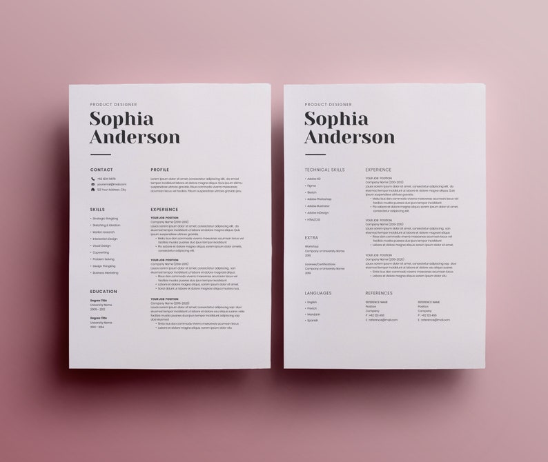 Może przedstawiać: Czarno-biały szablon CV z nazwą Sophia Anderson u g&oacute;ry. CV zawiera sekcje dotyczące informacji kontaktowych, profilu, umiejętności, doświadczenia, wykształcenia, umiejętności technicznych, dodatk&oacute;w, język&oacute;w i referencji.