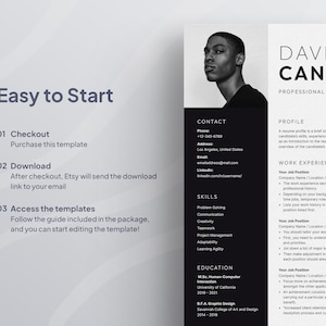 May include: A black and white resume template with a professional design. The resume includes sections for contact information, skills, education, and work experience. The text "Easy to Start" is displayed on the left side of the resume.
