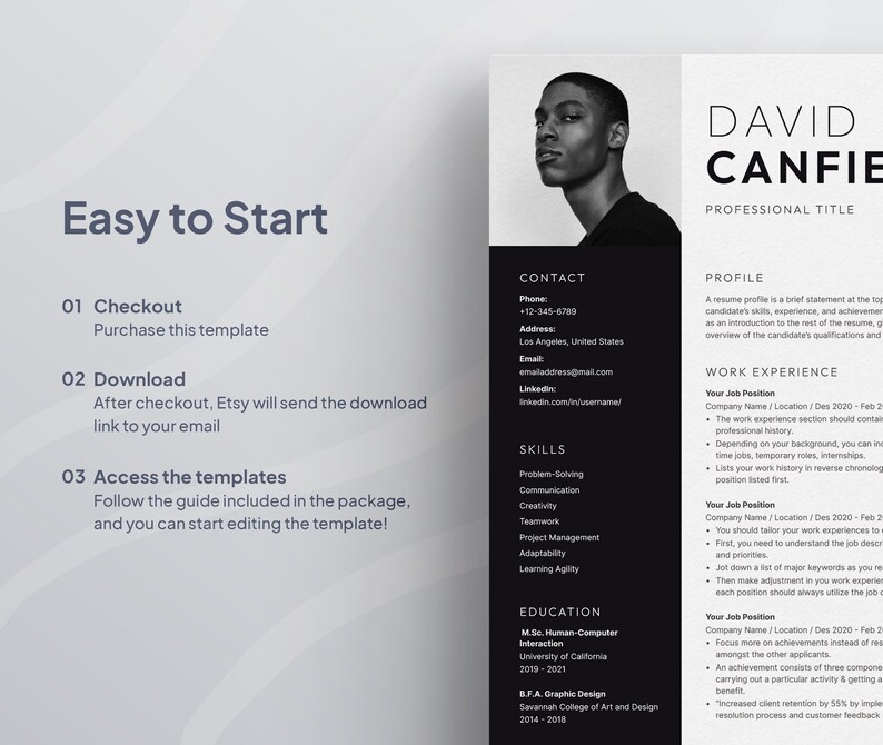 May include: A black and white resume template with a professional design. The resume includes sections for contact information, skills, education, and work experience. The text "Easy to Start" is displayed on the left side of the resume.
