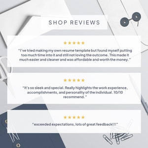 May include: Image featuring customer reviews with text: "SHOP REVIEWS". The reviews are displayed on white rectangular cards with star ratings. The cards are on a light gray surface with envelopes, scissors, and paper clips.