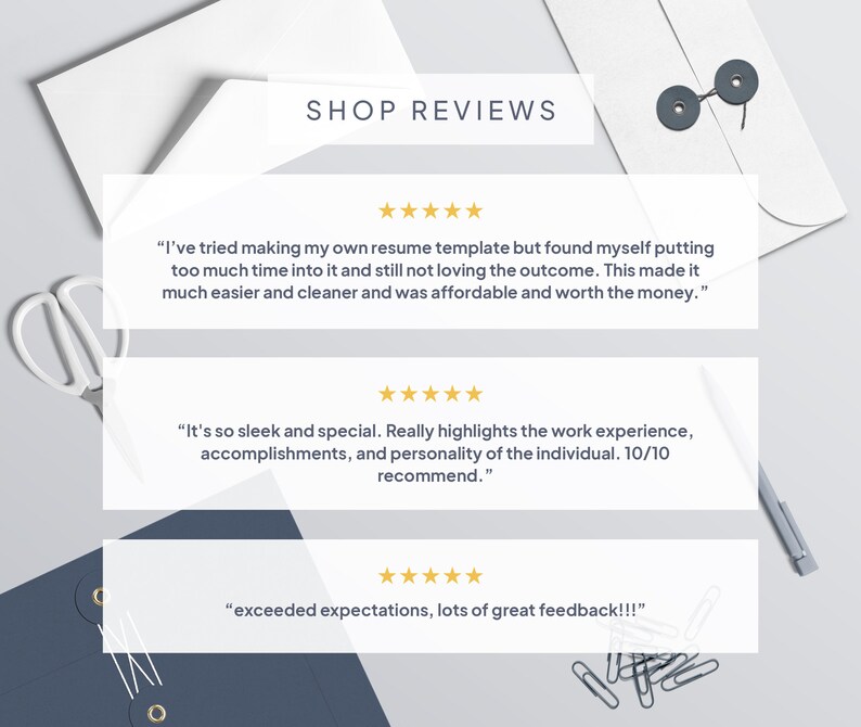May include: Image featuring customer reviews with text: "SHOP REVIEWS". The reviews are displayed on white rectangular cards with star ratings. The cards are on a light gray surface with envelopes, scissors, and paper clips.