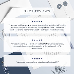 May include: Five-star reviews for a resume template. The reviews highlight the ease of use, affordability, and sleek design. The text reads "I've tried making my own resume template but found myself putting too much time into it and still not loving the outcome. This made it much easier and cleaner and was affordable and worth the money."  "It's so sleek and special. Really highlights the work experience, accomplishments, and personality of the individual. 10/10 recommend."  "exceeded expectations, lots of great feedback!!!"