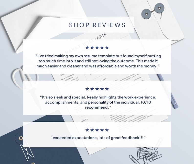 May include: Five-star reviews for a resume template. The reviews highlight the ease of use, affordability, and sleek design. The text reads "I've tried making my own resume template but found myself putting too much time into it and still not loving the outcome. This made it much easier and cleaner and was affordable and worth the money."  "It's so sleek and special. Really highlights the work experience, accomplishments, and personality of the individual. 10/10 recommend."  "exceeded expectations, lots of great feedback!!!"