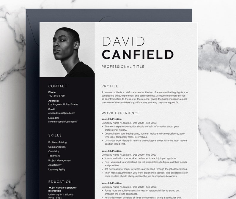 May include: A professional resume template with a headshot of a man in black and white. The resume includes contact information, skills, education, and work experience sections. The resume is designed with a modern, clean layout.