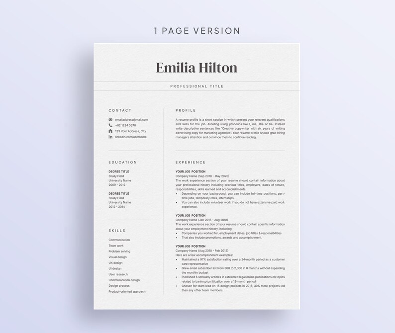 Modern Resume Template: Minimalist CV With Cover Letter (microsoft Word ...