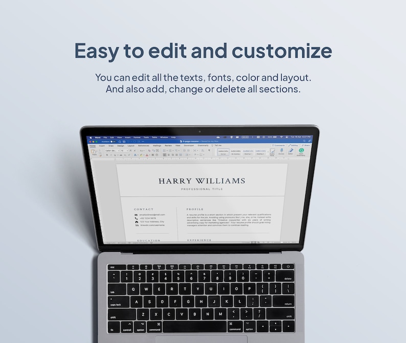 May include: A laptop computer displaying a resume template in a word processing program. The resume is for Harry Williams and includes sections for contact information, profile, education, and experience. The text on the screen reads "Easy to edit and customize. You can edit all the texts, fonts, color and layout. And also add, change or delete all sections."
