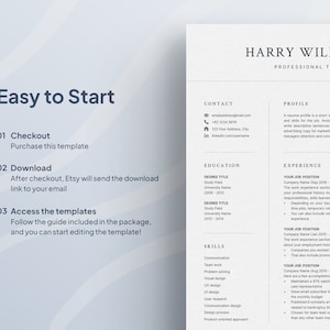 May include: A white and gray resume template with the title "Easy to Start" and a section for "Checkout", "Download", and "Access the templates". The template includes sections for "Contact", "Profile", "Education", "Skills", and "Experience".