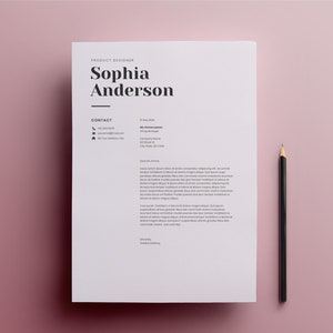 Może przedstawiać: Czarno-biały szablon CV z nazwą Sophia Anderson u g&oacute;ry. CV zawiera dane kontaktowe i list motywacyjny.