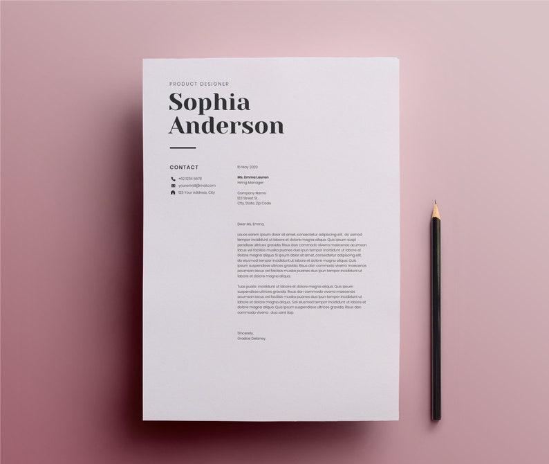 Może przedstawiać: Czarno-biały szablon CV z nazwą Sophia Anderson u g&oacute;ry. CV zawiera dane kontaktowe i list motywacyjny.