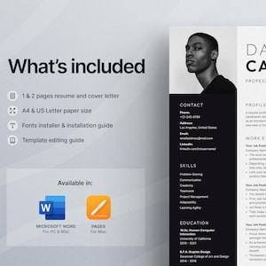 May include: A black and white resume template featuring a professional headshot of a man. The template includes sections for contact information, skills, education, work experience, and a profile. The text "DAVID CANF" is at the top of the page.